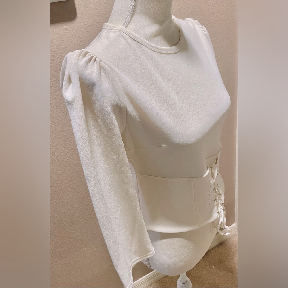 Corset top soft white 3/4 sleeve express new small lace up pullover 1/2 zip side